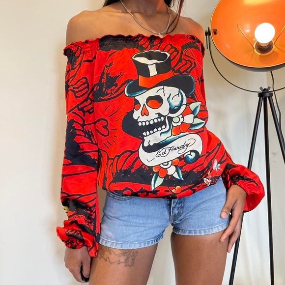 Silk red off the shoulder top by Ed Hardy. - Picture 3 of 4